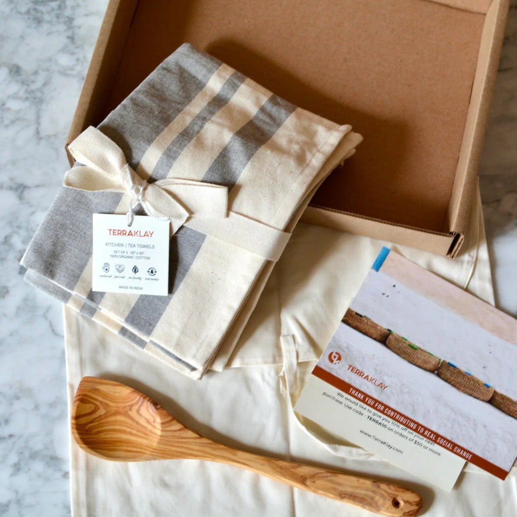 Kitchen Towel Set with Olive Wood Spoon Gift